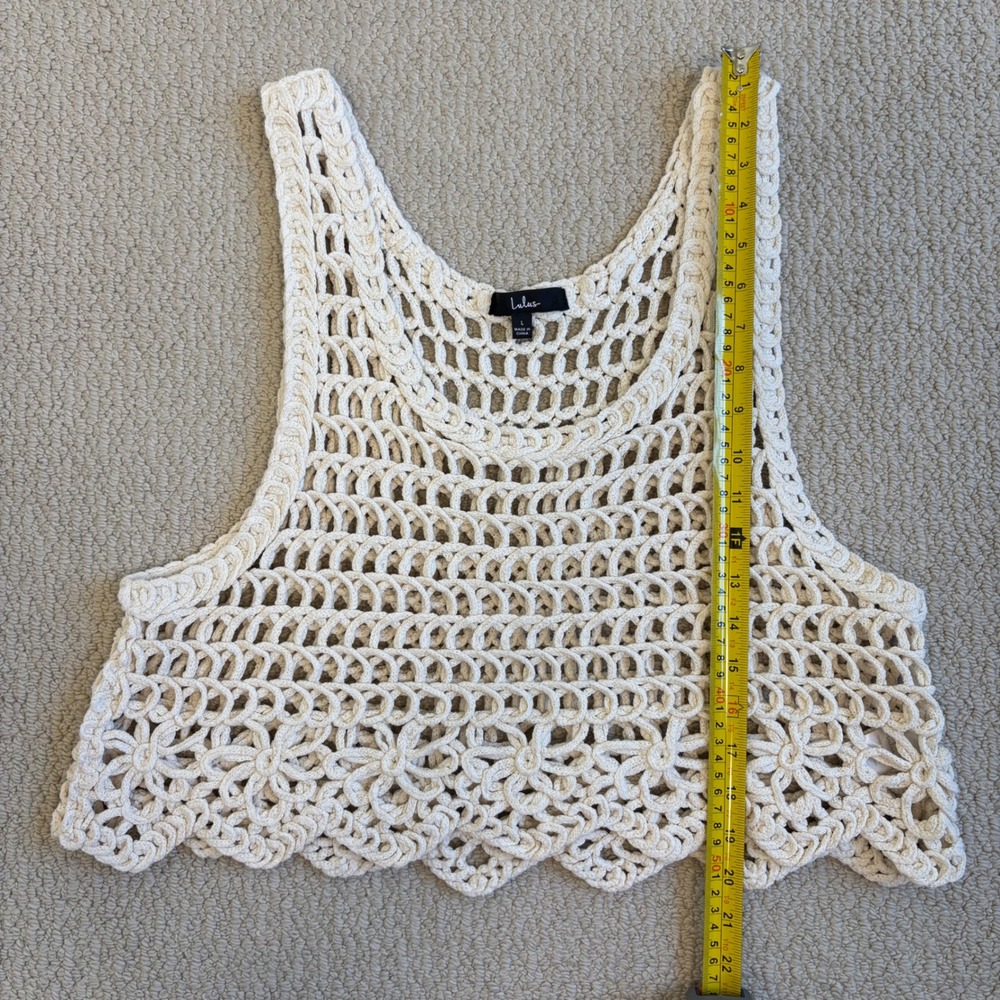 Lulus Weekend Festivals Crochet Cropped Tank Top, Beige Large Boho Hippie 70s - Picture 8 of 16